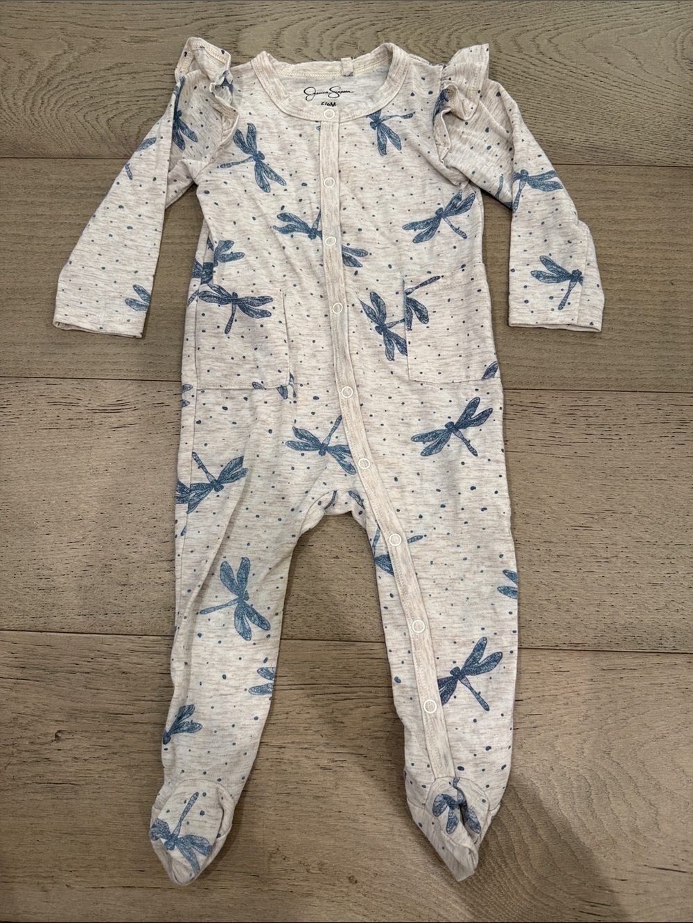 Jessica Simpson Cream Footed One-Piece with Blue Dragonfly Print